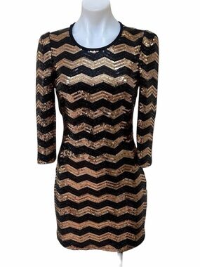 Bebe Sequin Chevron Mini Dress Black Gold Long Sleeve Party Holiday XS